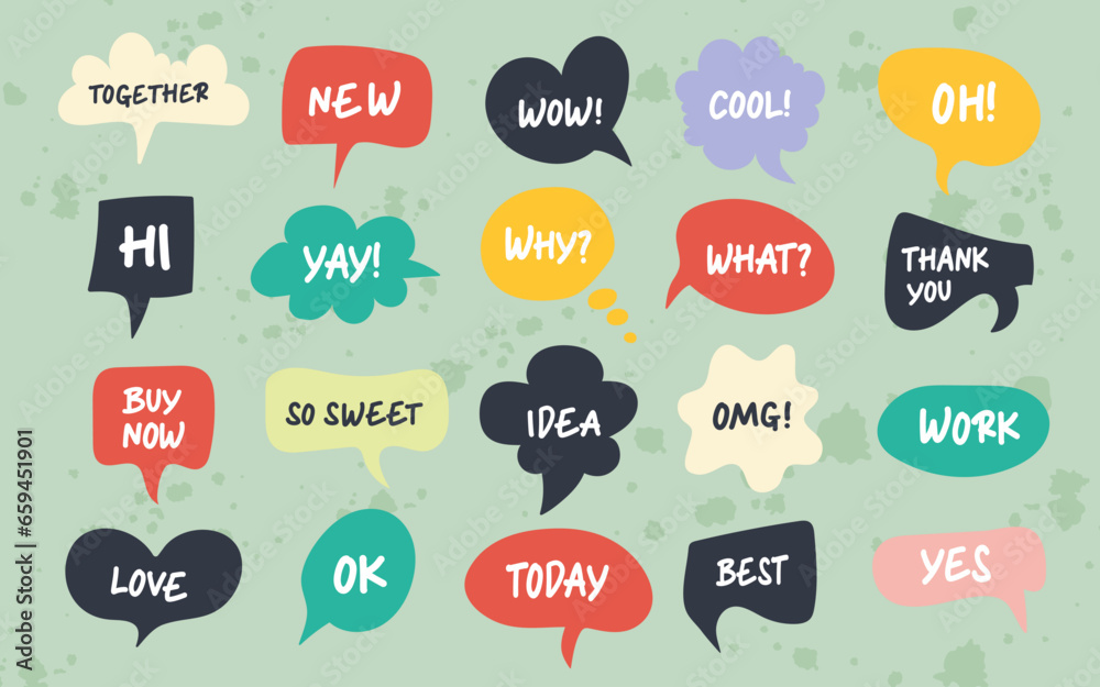 Hand drawn set of speech bubbles with handwritten short phrases. Vector illustration. Hand drawn set of speech bubbles with handwritten short phrases. Vector illustration.