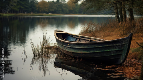 Boat on the shore of a lake with trees in the background