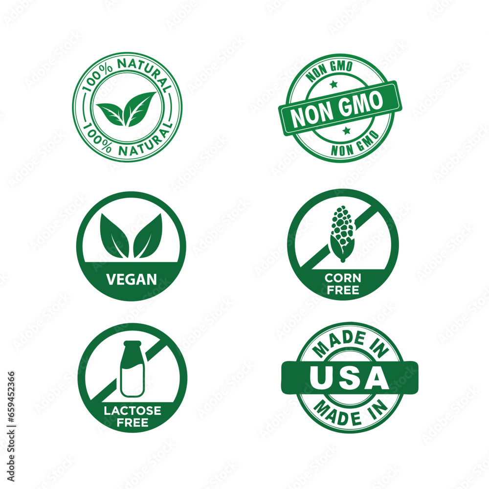 Gmo Free Label, Non Gmo Badge Set. Organic Healthy Vegan Food Icons. Natural Product Eco Stamp. Bio Herbal Sticker Collection. 100 Percent Ecology Symbol. Isolated Vector Illustration