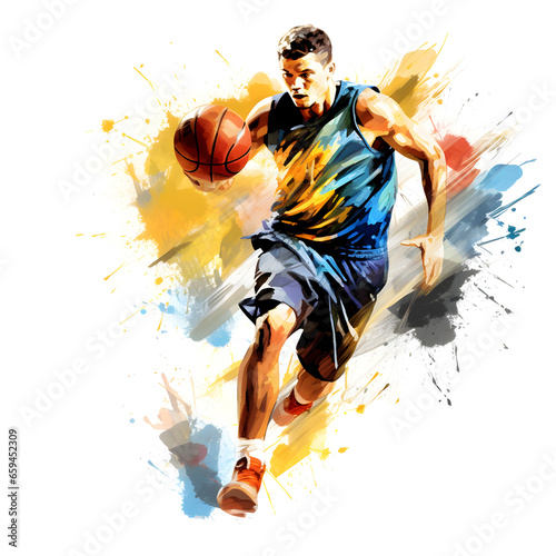 basketball player with ball in action, watercolor © peekeedee