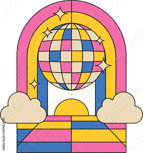A 1970s 1960s  retro illustration of a disco mirror ball with clouds and boho rainbow with sun, dancefloor and stars in an archway floor badge shape