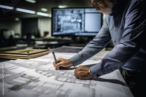 Engineering working and pointing construction blueprints on new project at desk in office.