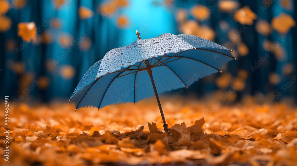Blue umbrella in the rain, orange autumn leaves on the ground, beautiful autumn landscape background