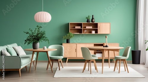 Orange leather chairs at round dining table against green wall. Scandinavian, mid-century home interior design
