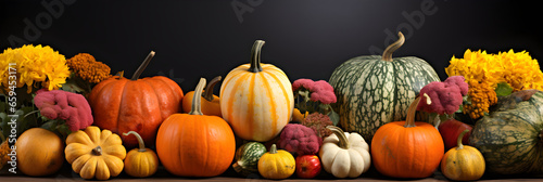 Halloween Thanksgiving pumpkin with leaves  autumn corner border banner copy space