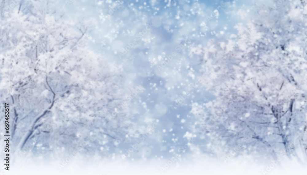Christmas or new year light blue snowy background. Holiday glowing backdrop with falling snow and blurred bokeh. Defocused winter background with snow fall and copy space. Magic forest