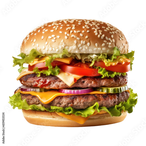 Hamburger isolated on white transparent background, PNG. Fast food