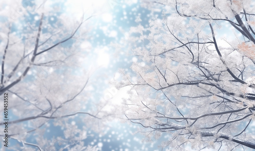 Christmas or new year light blue snowy background. Holiday glowing backdrop with falling snow and blurred bokeh. Defocused winter background with snow fall and copy space. Magic forest