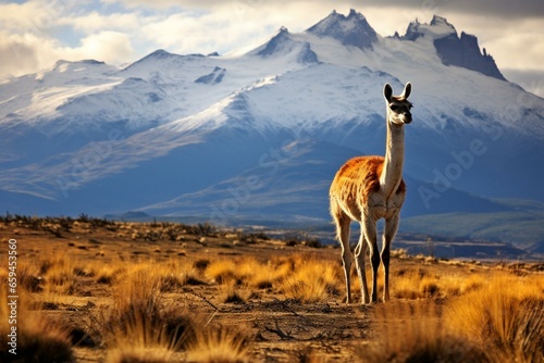 A guanaco in the prairie of Chilean Patagonia. Generative AI photo