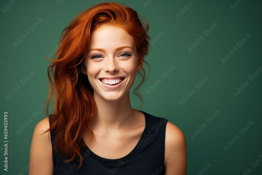 Portrait of a joyful redhead model lady wearing casual blank clothes and smiling. Isolated on a plain colored background. Generative AI. Portrait of a joyful redhead model lady wearing casual blank clothes and smiling. Isolated on a plain colored background. Generative AI.