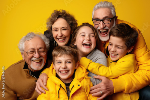an older couple hugging their children on yellow and blue backgrounds
