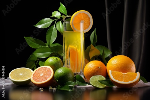 A tall glass with a beverage near citrus fruits. Generative AI