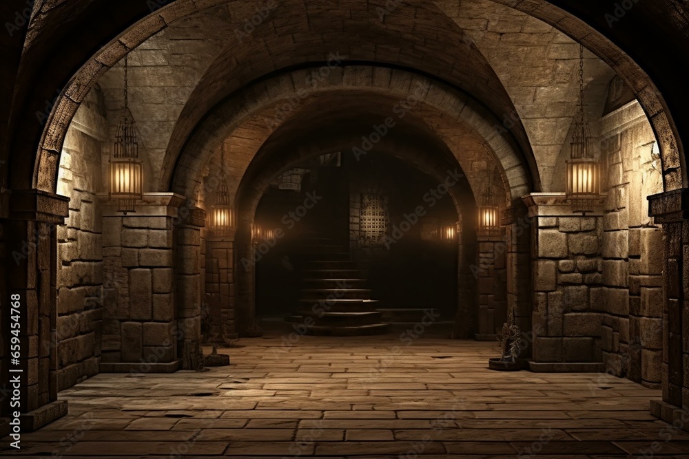 Lit corridor in a medieval fortress with stone arch. Historic palace's interior in dungeon format. Generative AI