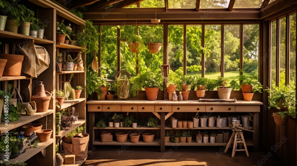 A potting shed with wooden shelves brimming with gardening tools and seedlings.