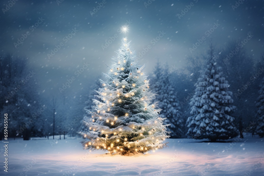 a snowy outdoor scene featuring a radiant Christmas tree adorned with sparkling lights and surrounded by untouched snow a snowy outdoor scene featuring a radiant Christmas tree adorned with sparkling lights and surrounded by untouched snow