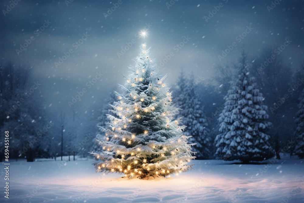 a snowy outdoor scene featuring a radiant Christmas tree adorned with sparkling lights and surrounded by untouched snow