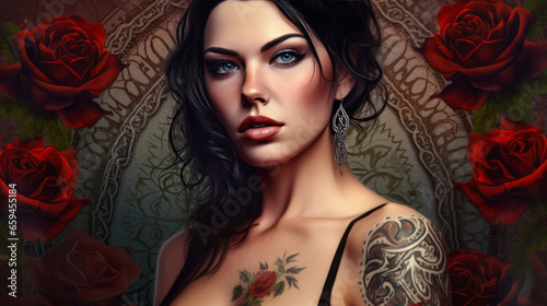 Portrait of a young attractive woman with tattoos on her shoulders and body standing on a city street in the evening.