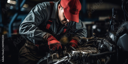 A professional man mechanic working on a car engine in a garage. Car repair service. Hands wear mechanic gloves. Mechanic holding a tool to tighten the nut. Engine cover