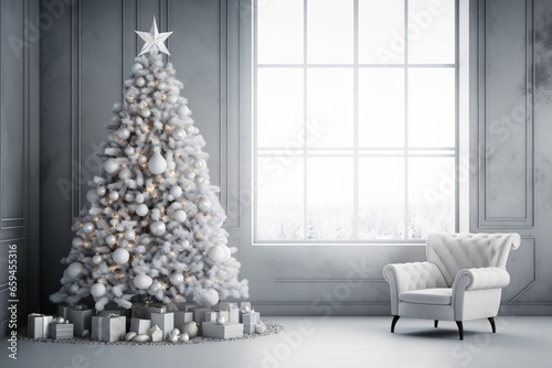 a minimalist Christmas tree, subtly decorated with white and silver ornaments, placed against a sleek, modern interior backdrop © Christian
