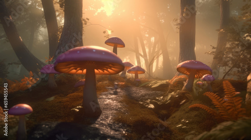 surreal world of wonders. Giant magic mushrooms and toadstools and vibrant colors