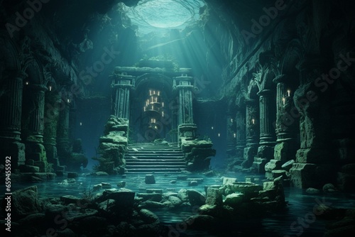 Illuminated ruins of submerged temple. CGI rendering. Generative AI