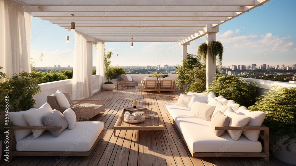 Fototapeta premium A rooftop terrace furnished with plush loungers beneath a pergola.