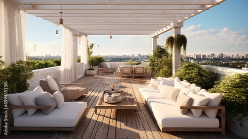 A rooftop terrace furnished with plush loungers beneath a pergola. © ZQ Art Gallery 