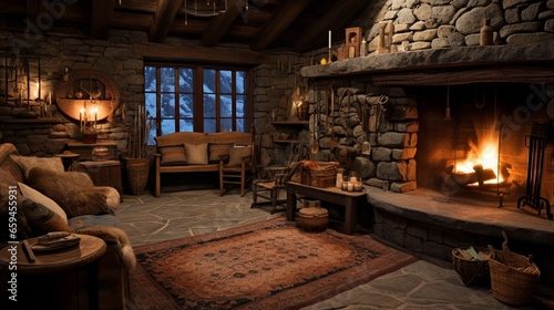 A rustic cabin interior featuring a stone fireplace and fur rugs.