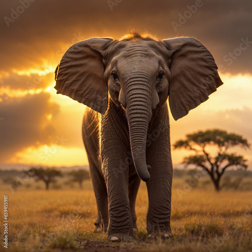 Baby Elephant in savanna at sunset