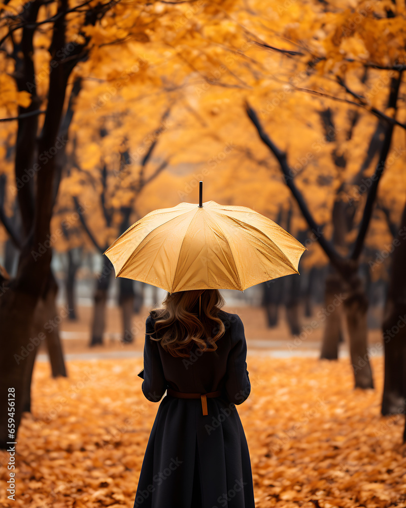 Woman with a yellow umbrella in autumn park