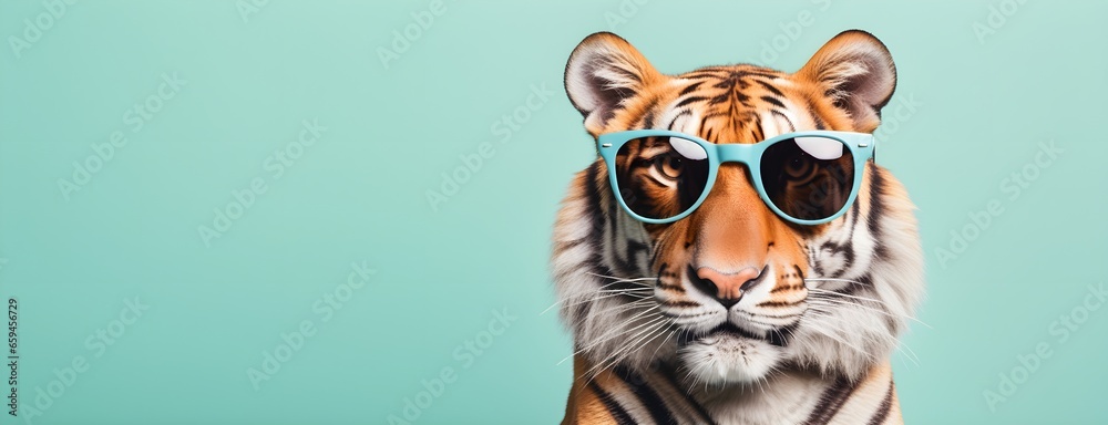 Tiger in sunglass shade on a solid uniform background, editorial advertisement, commercial. Creative animal concept. With copy space for your advertisement