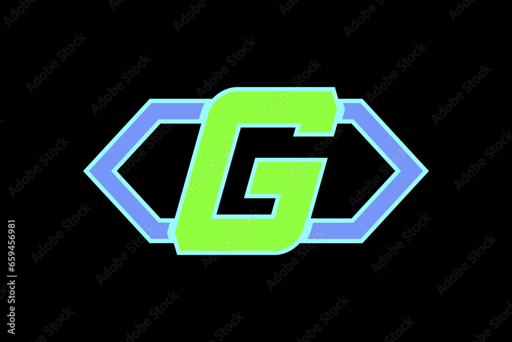 Vector image of the letter G logo and hexagon shapes in green and blue on a black background suitable for company logos with the initial G, travel agents, containers, warehouses, counters, printing Vector image of the letter G logo and hexagon shapes in green and blue on a black background suitable for company logos with the initial G, travel agents, containers, warehouses, counters, printing