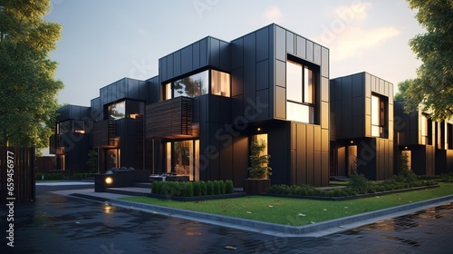 Modern minimalist private black house decorated with stone tiles cladding. Residential architecture cubic design exterior