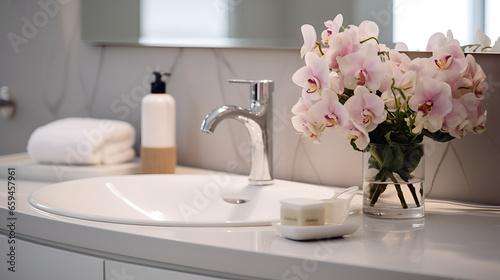 A bathroom counter with a sink  decorated with pretty flowers