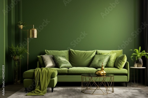Green living room with couch and decorative elements. Generative AI