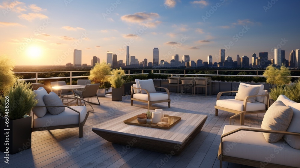 Obraz premium Rise above the ordinary with a rooftop terrace featuring outdoor seating and breathtaking skyline views.