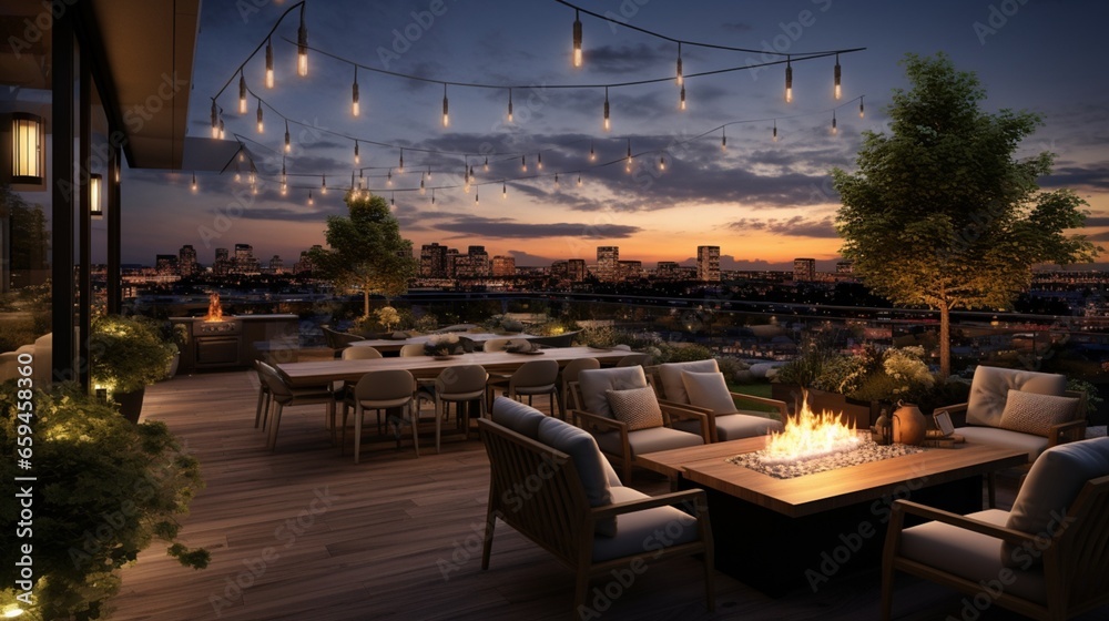 Rise above the ordinary with a rooftop terrace featuring outdoor seating and breathtaking skyline views.