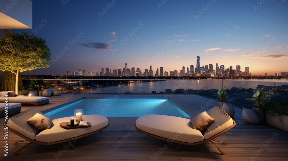 Rooftop Terrace Boasting an Infinity Pool and Breathtaking Skyline Backdrop.