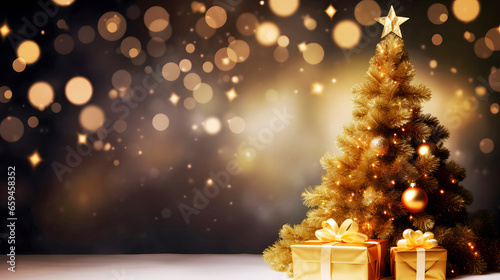 Christmas and Happy New Year background. Gold Christmas tree, blurred bokeh with star and box of gift. Xmas Decorations, Generative AI Technology