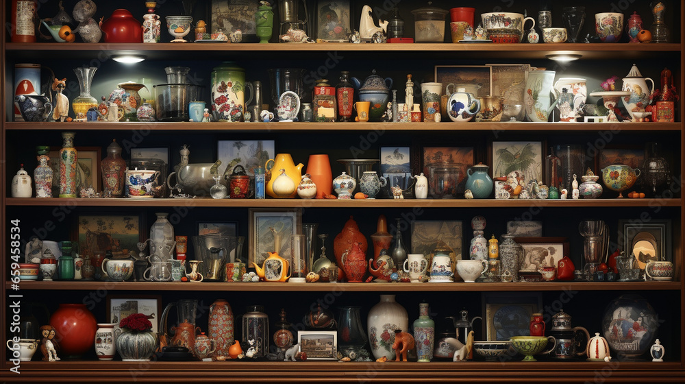 In astounding hyperrealism, a couple admires their collection of vintage New Year's ornaments, meticulously recreated and carefully displayed on a bookshelf in their meticulously d In astounding hyperrealism, a couple admires their collection of vintage New Year's ornaments, meticulously recreated and carefully displayed on a bookshelf in their meticulously d