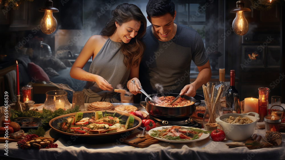 A hyperrealistic couple prepares a mouthwatering New Year's feast together in their kitchen, surrounded by meticulously depicted holiday spices and ingredients. 