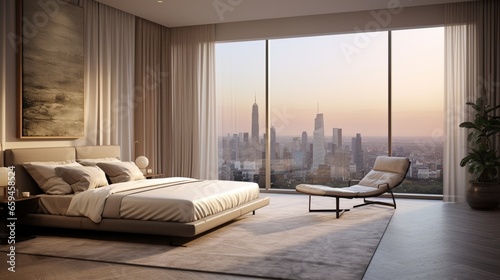 Serene Bedroom Featuring a Panoramic Window and Automated Blackout Shades.