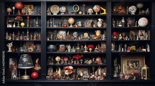 In astounding hyperrealism, a couple admires their collection of vintage New Year's ornaments, meticulously recreated and carefully displayed on a bookshelf in their meticulously d 