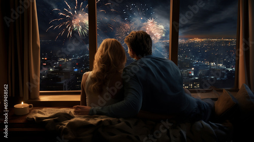 A hyperrealistic man and woman snuggle under a meticulously designed faux fur throw on a window seat, gazing at fireworks that have been flawlessly recreated in the night sky on Ne  photo