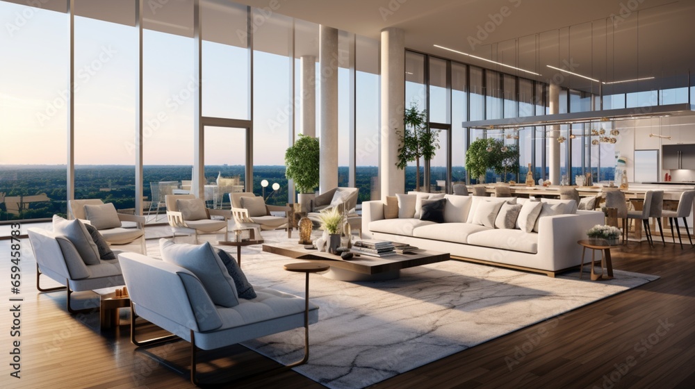 Spacious Open-Concept Living Area with Floor-to-Ceiling Windows.