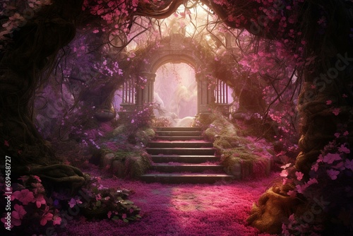 Enchanting passageway adorned with flowers and sparkling entrance in a magical pink forest. Generative AI