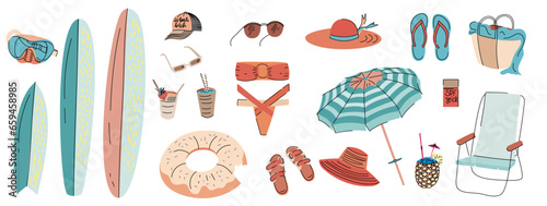 Vector cartoon handdrawn set of summer element, beach accessories. Surfboard, diving mask, cap and hat , sunglasses, swimsuit, inflateble ring, sandals, beach umbrella, armchair, cocktails, spf stick.