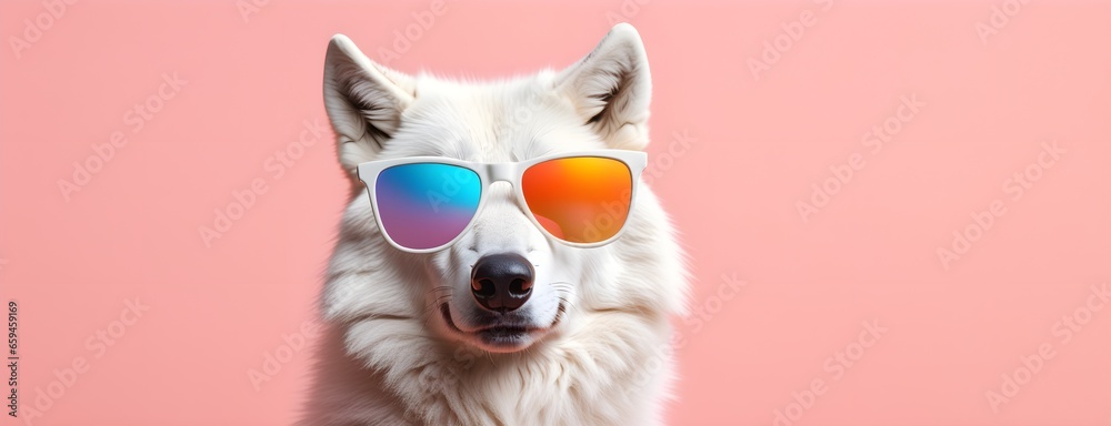White wolf in sunglass shade on a solid uniform background, editorial advertisement, commercial. Creative animal concept. With copy space for your advertisement