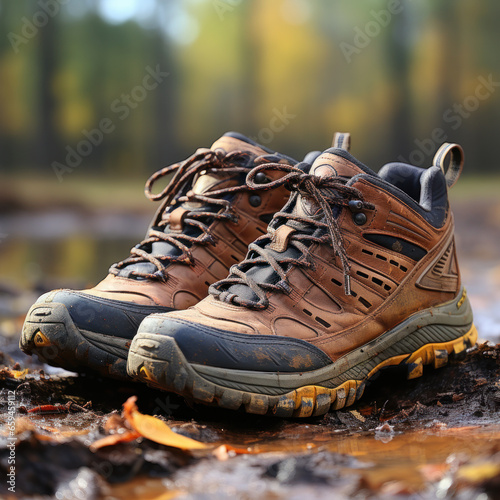  a pair of hiking boots with mud 
