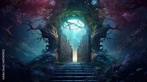 Magic door and gate in the fantasy forest background